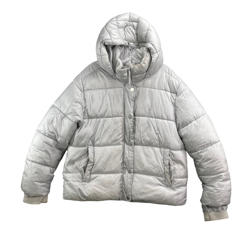 Gap‎ Puffer Jacket Womens Large Silver ColdControl Max Hooded Water Resistant